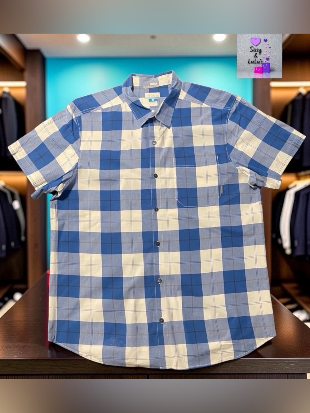 Columbia Men's Button-Up Shirt XL Blue Plaid Short Sleeve Collared Chest